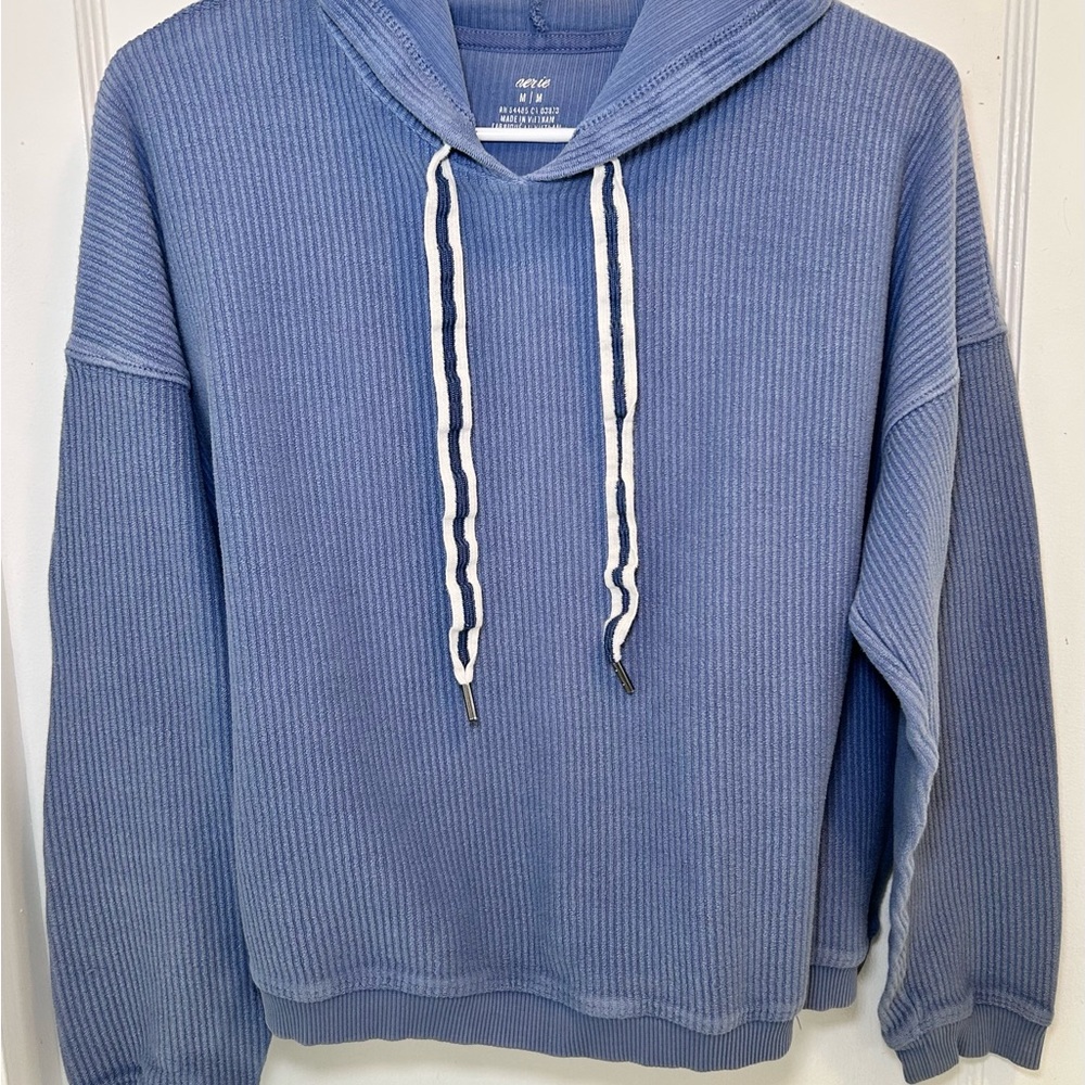 Aerie Blue Cropped Ribbed Pull Over Cotton Hoodie Sweatshirt Women’s Size M